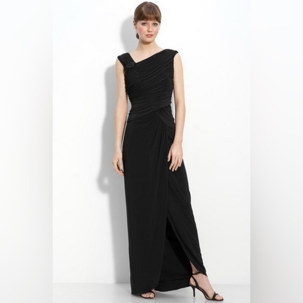 Adrianna Papell Boutique Black Ruching Asymmetric Neck Full Length Gown Dress 4